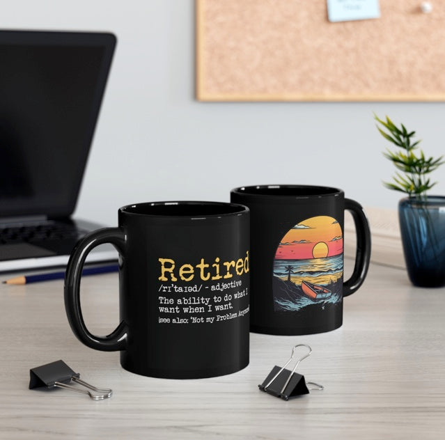 Retirement Definition Ceramic Mug, 11oz, Sunset Beach Graphic, Black, Glossy Finish