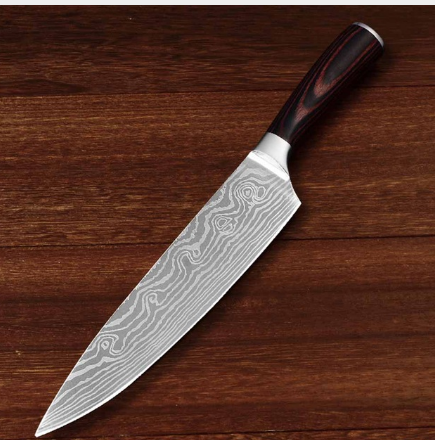 8" Razor Sharp Chef's Slicing Knife - Damascus Pattern, Color Wooden Handle
