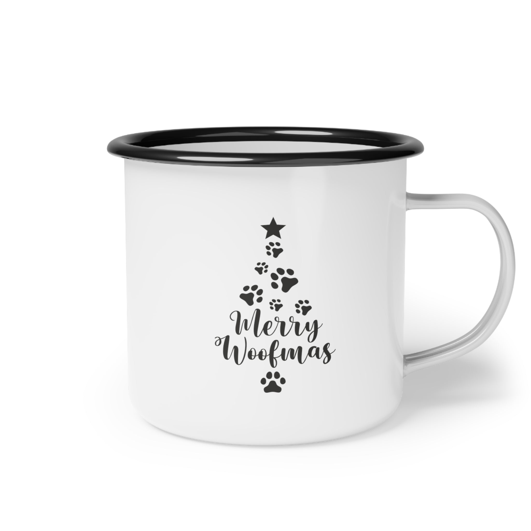 Merry Woofmas Dog Paw Print Christmas Tree 12oz Enamel Mug - Festive Holiday Cup