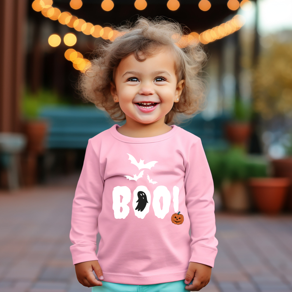 Spooky 'BOO!' Toddler Tee | Sizes 2T-5/6T | Halloween Kids Shirt with Bats, Pumpkin, and Ghost