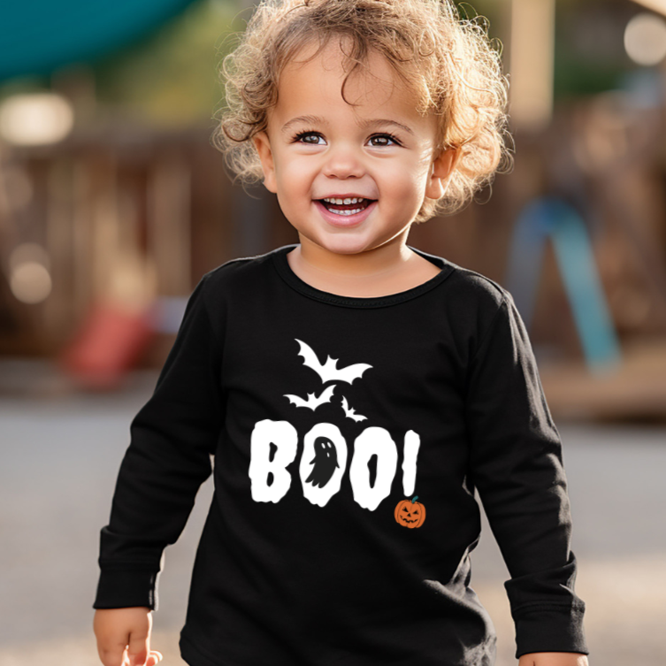 Spooky 'BOO!' Toddler Tee | Sizes 2T-5/6T | Halloween Kids Shirt with Bats, Pumpkin, and Ghost