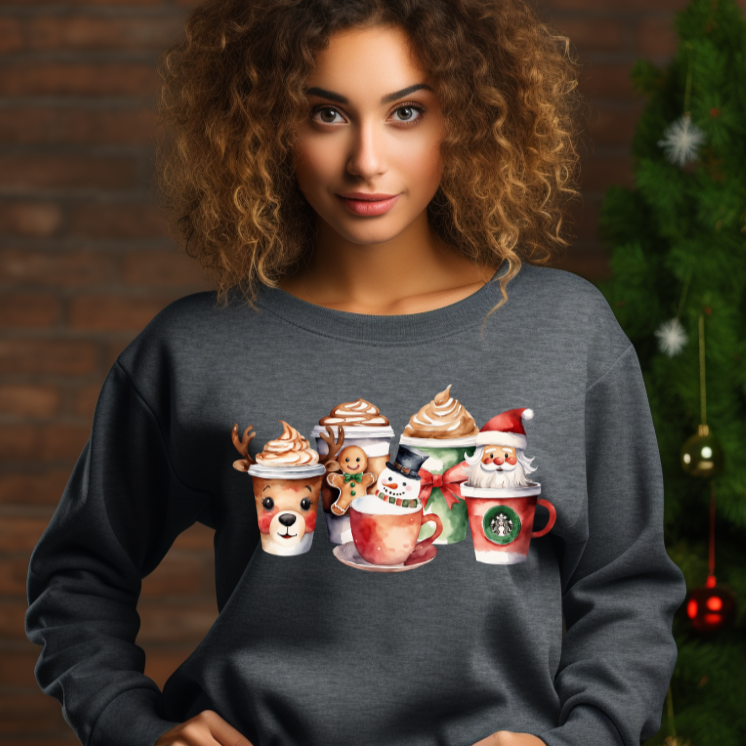 Festive Coffee Mugs Sweatshirt | Santa, Reindeer, Snowman, Gingerbread Man | Gildan 18000, Multiple Colors & Sizes