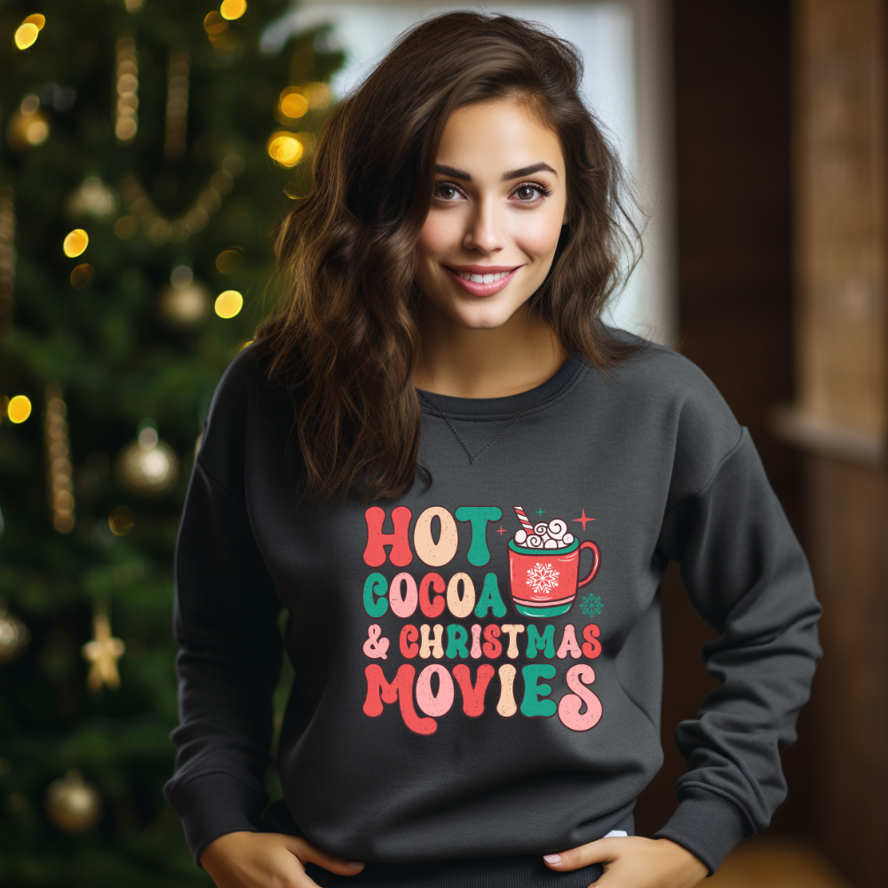 Christmas Holiday Comfort Wear With Saying 'Hot Cocoa & Christmas Movies' With A Retro Vintage Mug Graphic