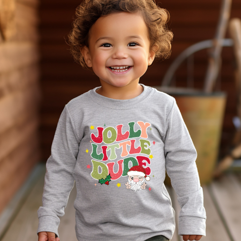 Jolly Little Dude Toddler Long Sleeve Tee | Retro Santa Graphic | Multiple Colors