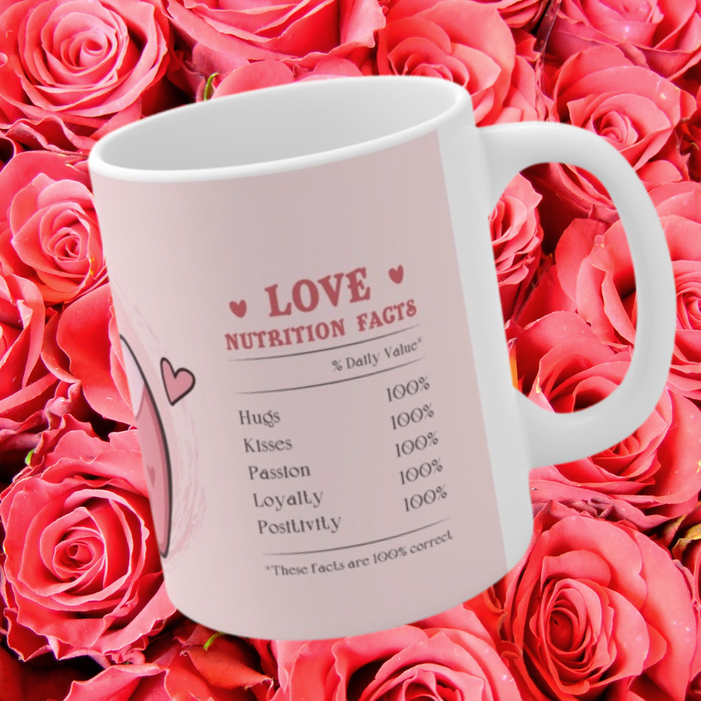 Valentine's Day Love Potion 11oz Mug - Romantic Gift with Nutrition Facts - Pink Shades - Unique Design - Gift for Him or Her