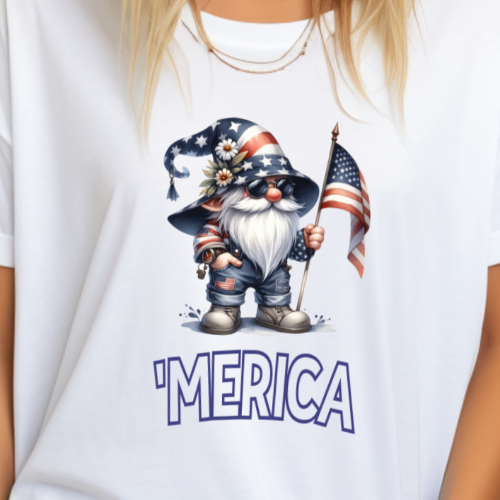 Patriotic Gnome 'Merica Tee - American Flag Graphic - Independence Day