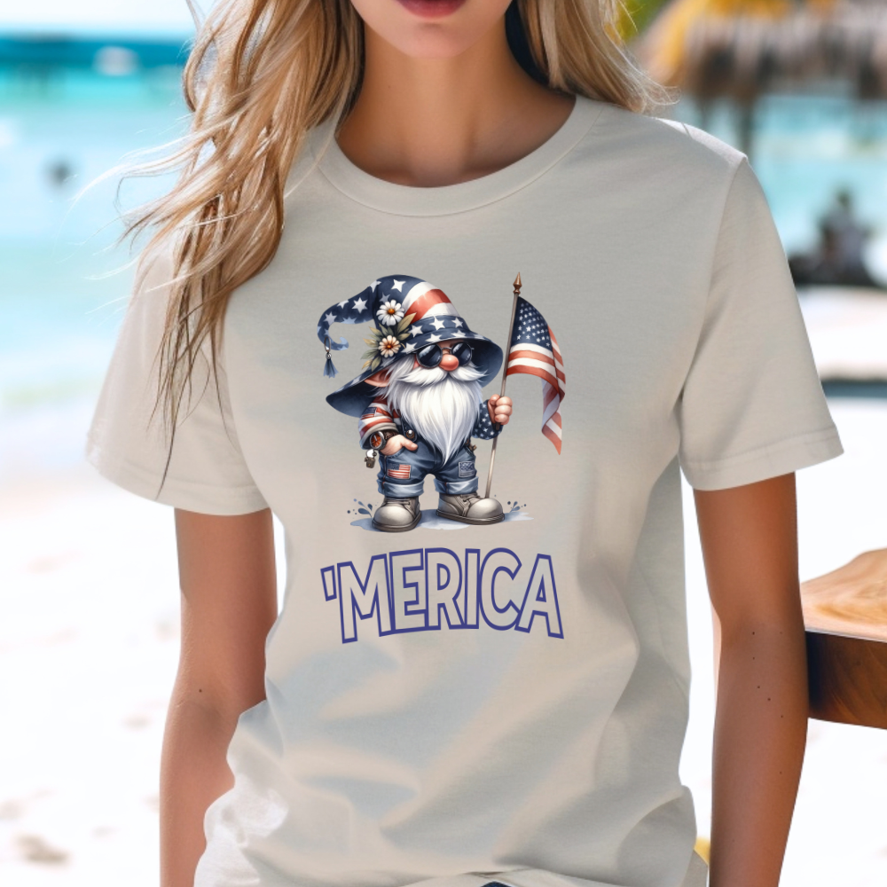 Patriotic Gnome 'Merica Tee - American Flag Graphic - Independence Day