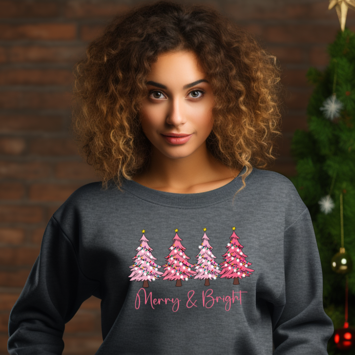 Pink Christmas Trees Sweatshirt | 'Merry & Bright' Holiday Jumper | Cozy Winter Pullover