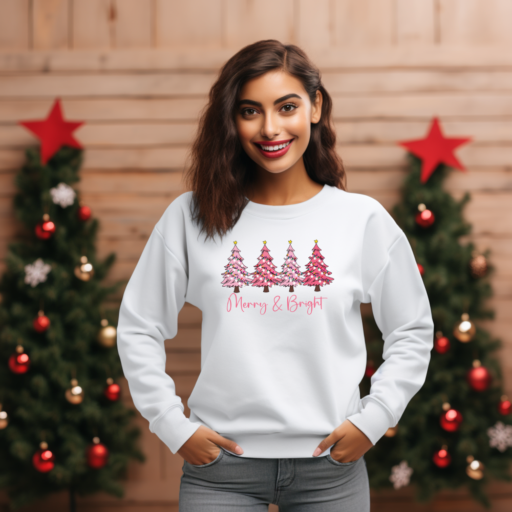Pink Christmas Trees Sweatshirt | 'Merry & Bright' Holiday Jumper | Cozy Winter Pullover