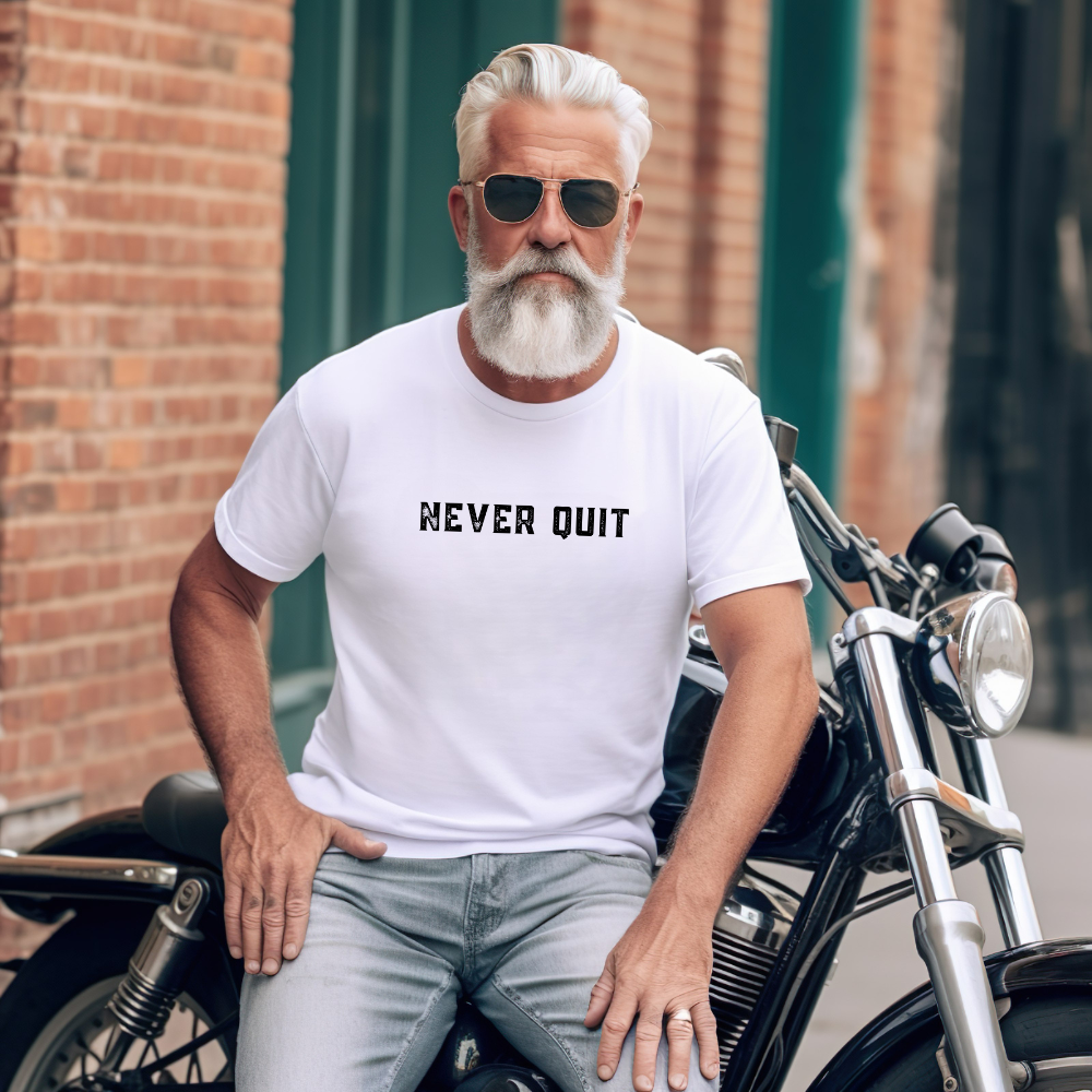 Comfort Colors Tee | 'Never Quit' Distressed Font | Back: 'Being Defeated is a Temporary Condition.' | Motivational T-Shirt