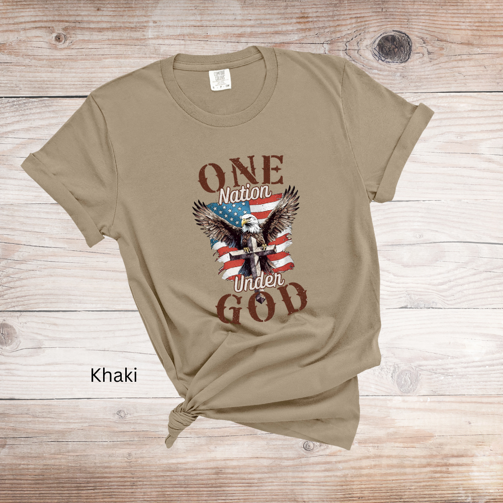 Retro Bald Eagle on Cross Tee - Comfort Colors 1717 Short Sleeve Shirt - Patriotic Graphic Tee - One Nation Under God American Flag Design
