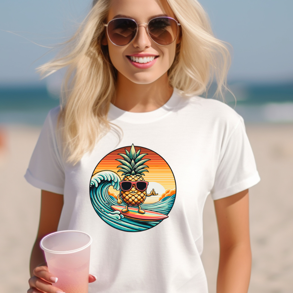 Retro Pineapple Surfer Tee - Bella + Canvas 3001, Vintage 70s-80s Style, Sizes S-3XL, Multiple Colors