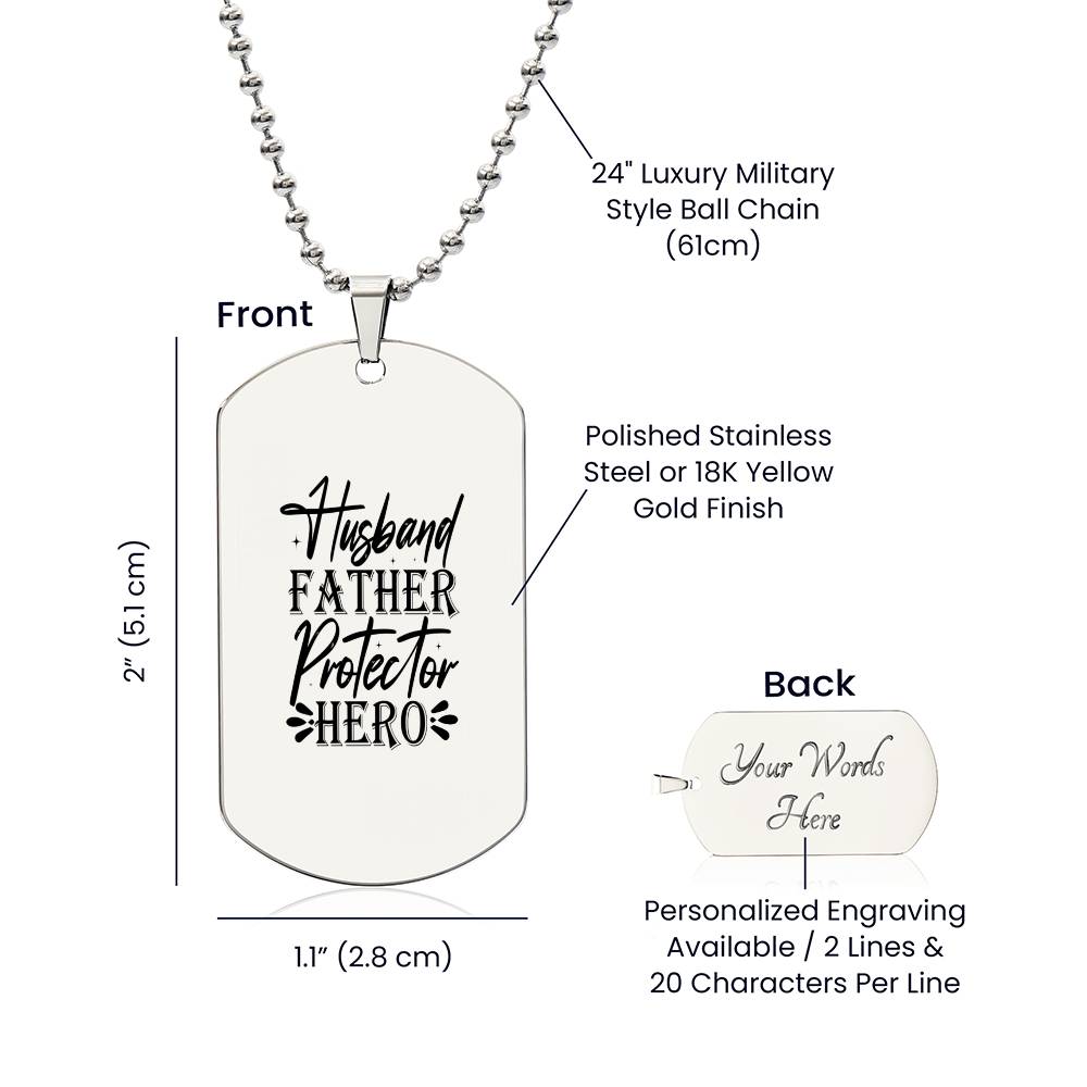 Dad & Husband Guardian Dog Tag: Symbol of Love, Strength & Heroism Comes in Stainless Steel and 18k Yellow Gold Finish