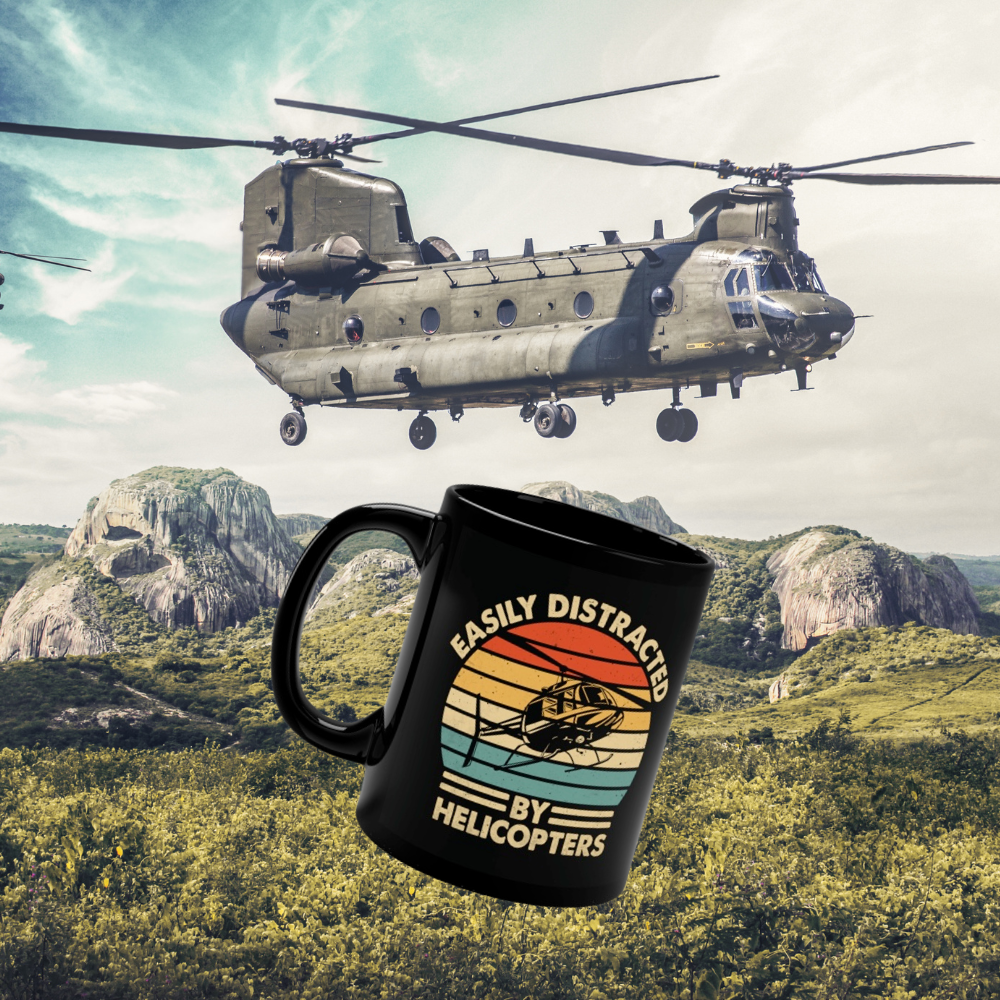 Easily Distracted By Helicopters Mug | Black 11oz Retro Vintage Coffee Cup