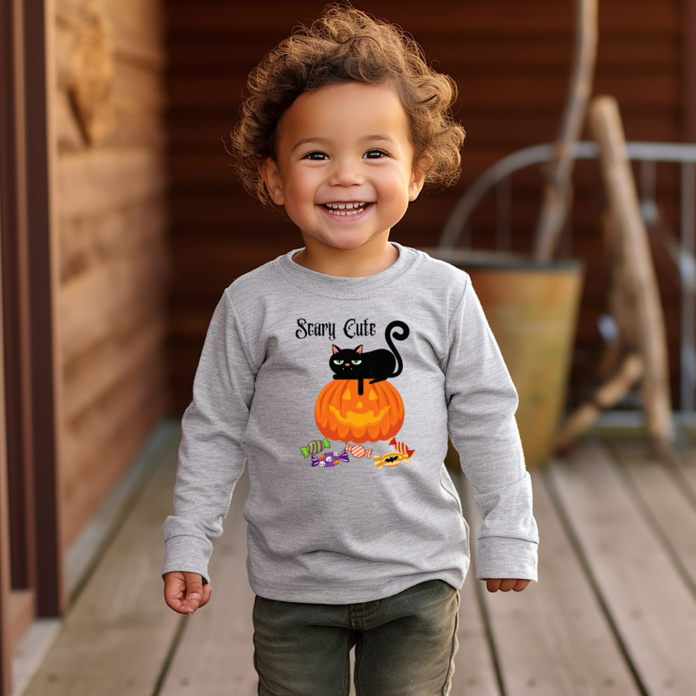 Toddler 'Scary Cute' Long Sleeve Tee | 2T-5/6T Sizes | Black Cat on Pumpkin