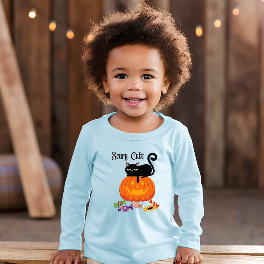Toddler 'Scary Cute' Long Sleeve Tee | 2T-5/6T Sizes | Black Cat on Pumpkin