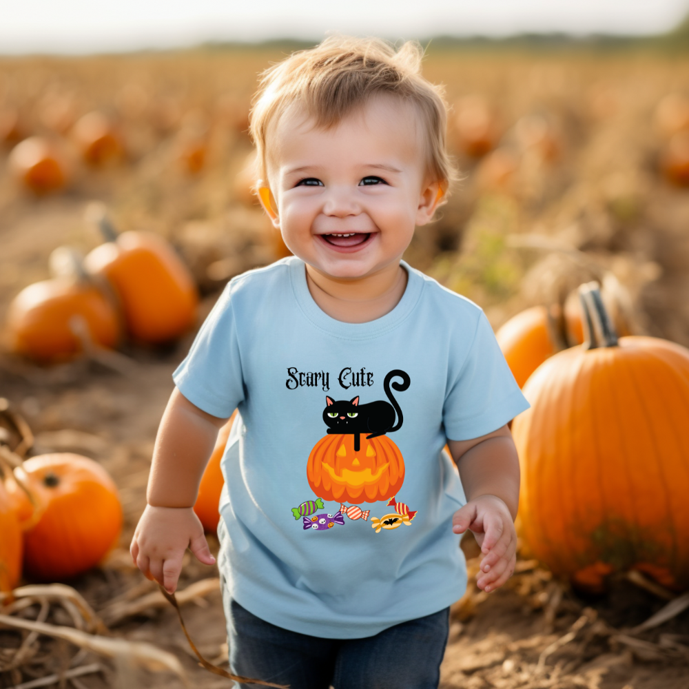Toddler 'Scary Cute' Short Sleeve Tee | 2T-5/6T Sizes | Black Cat on Pumpkin