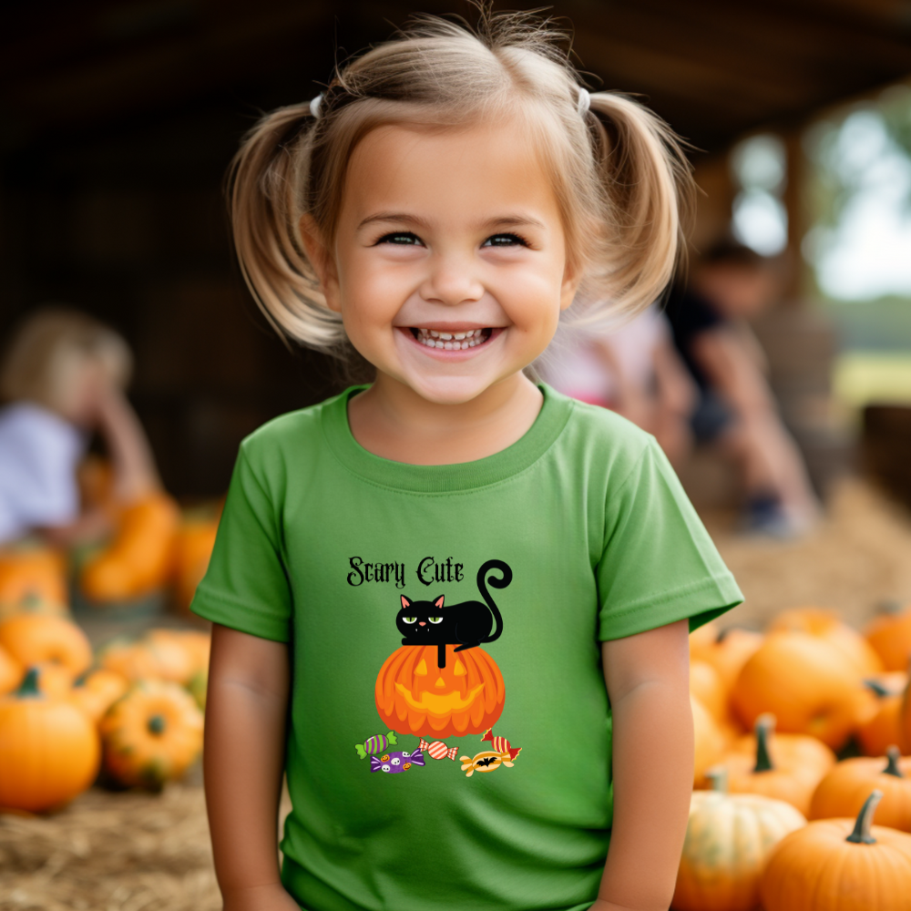Toddler 'Scary Cute' Short Sleeve Tee | 2T-5/6T Sizes | Black Cat on Pumpkin