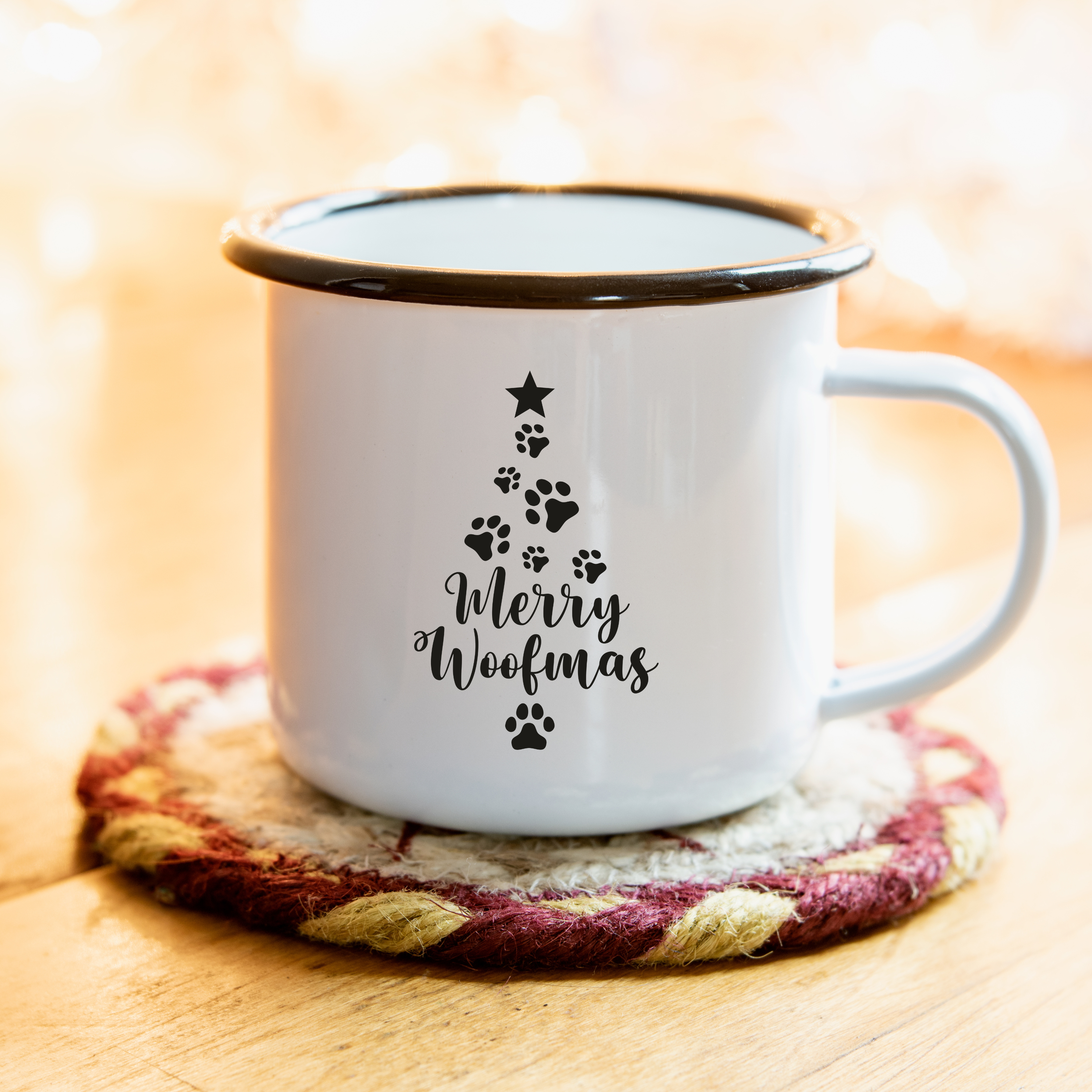 Merry Woofmas Dog Paw Print Christmas Tree 12oz Enamel Mug - Festive Holiday Cup