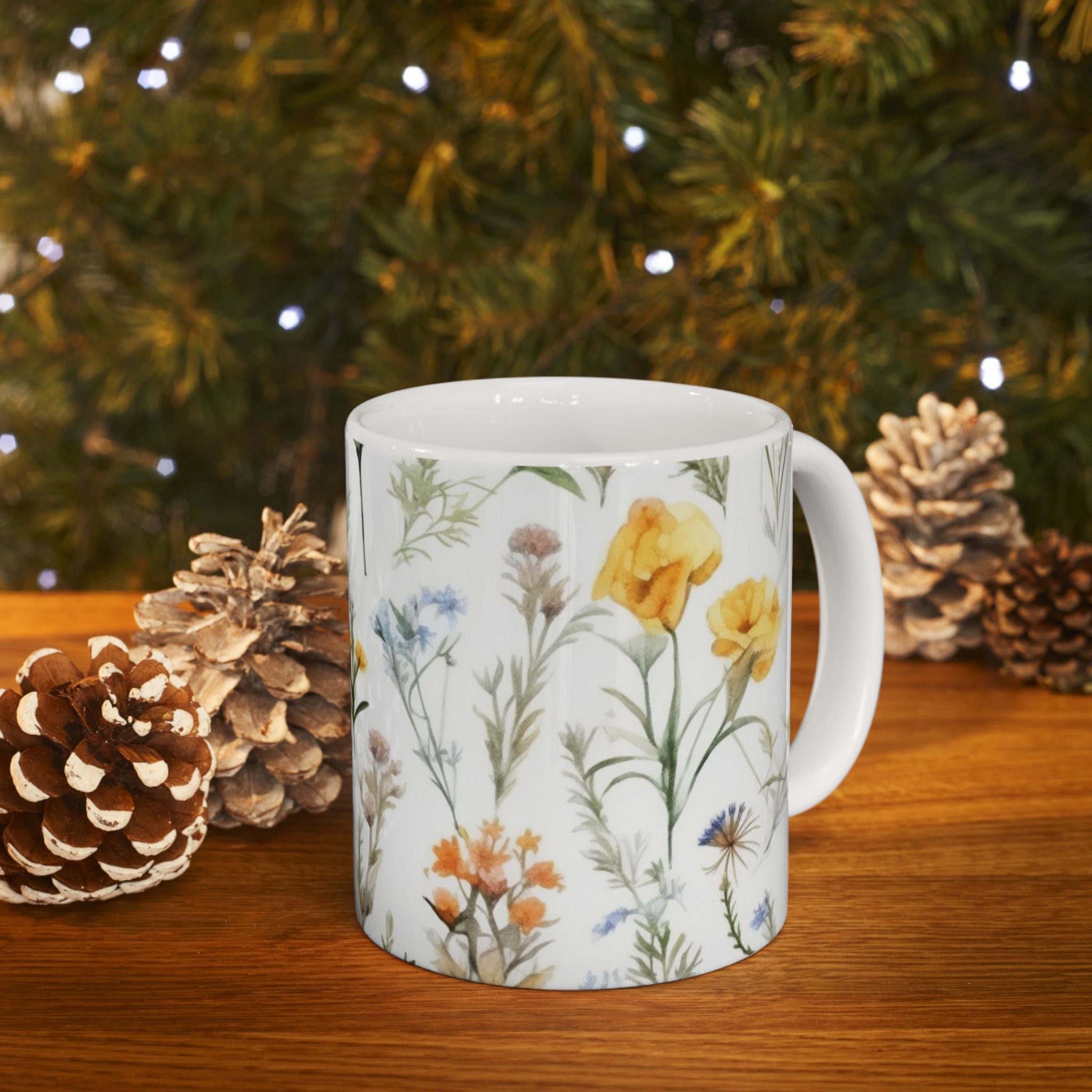 Beautiful Watercolor Flower Wraparound Design White Ceramic Mug 11oz, Perfect Gift, Christmas Coffee Tea Beverage