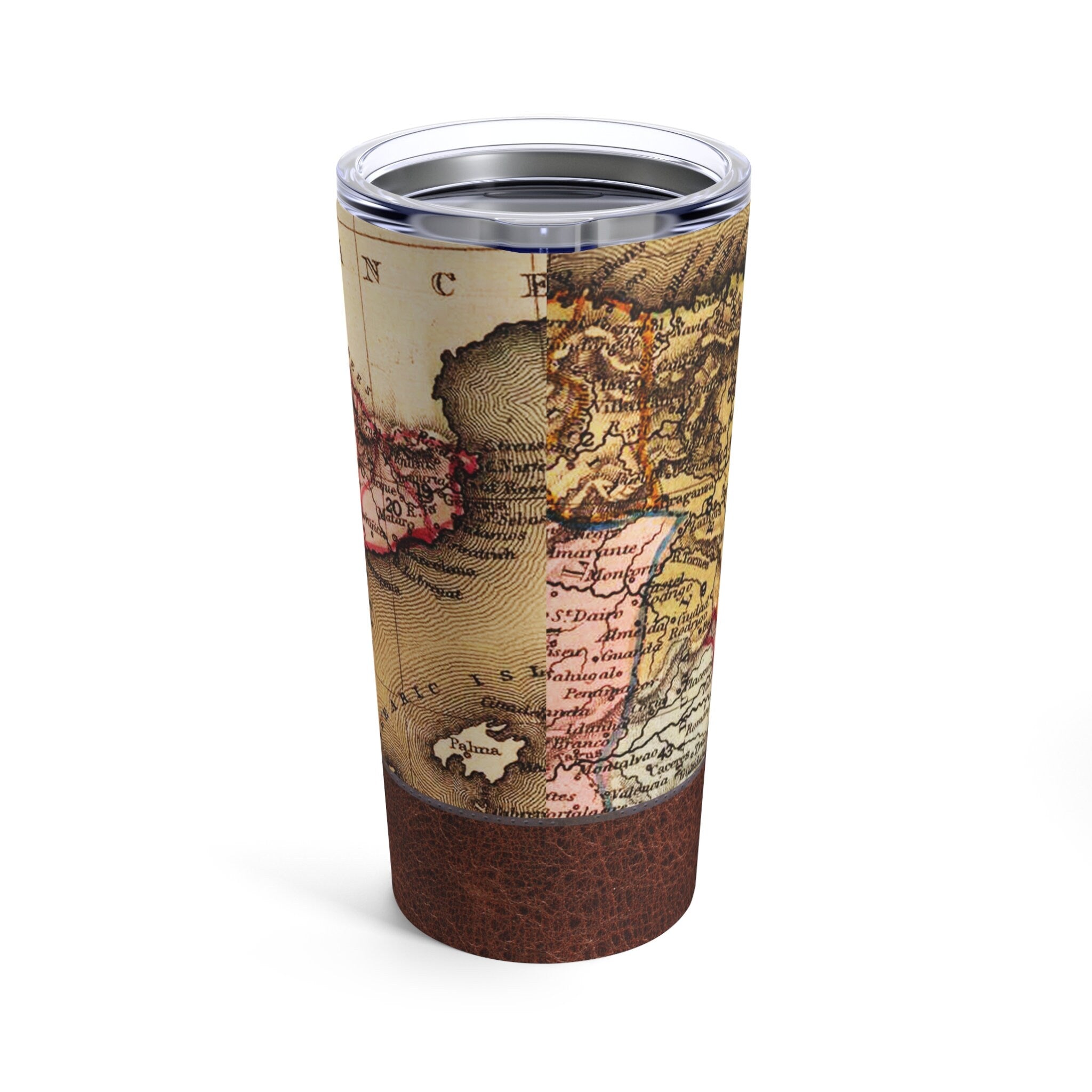 Vintage Map and "Leather" Wrapped Tumbler 20oz Perfect for travelers, wanderers and history buffs