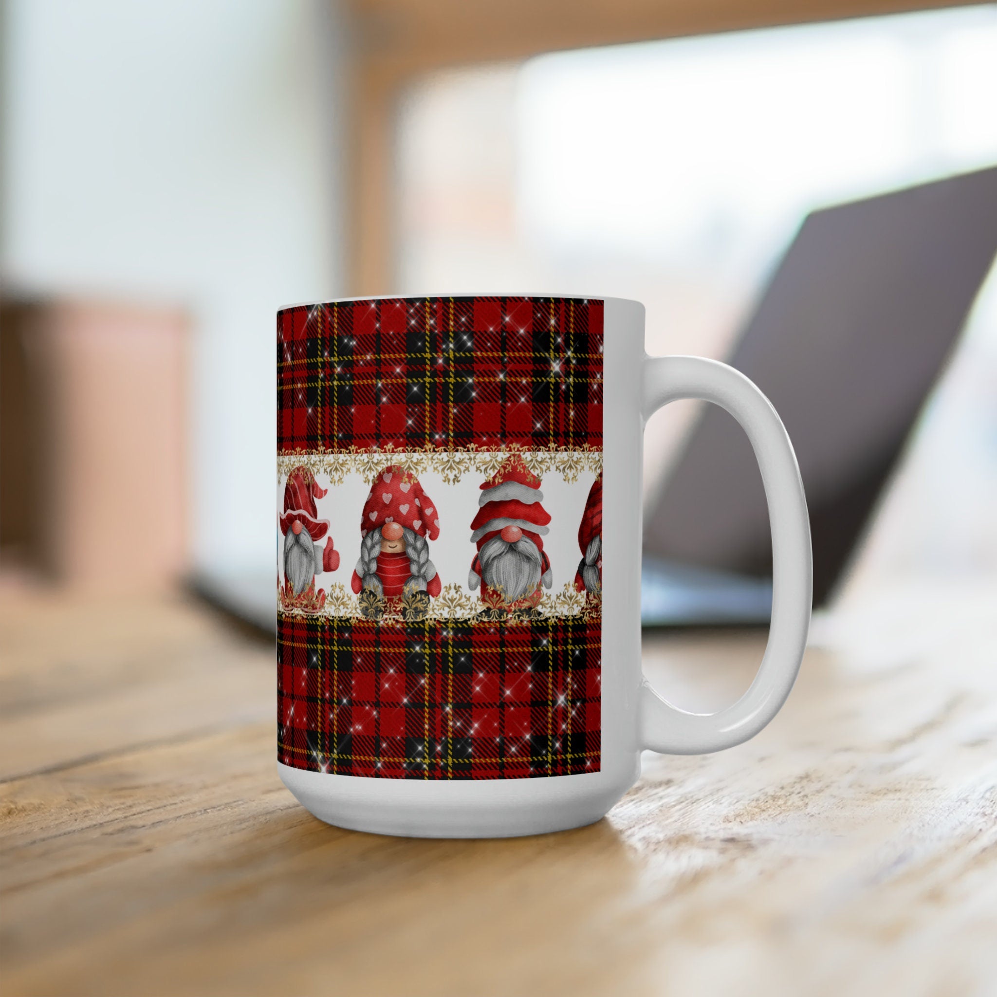 Beautiful Red Plaid and Santa Design Christmas Ceramic Mug 15oz
