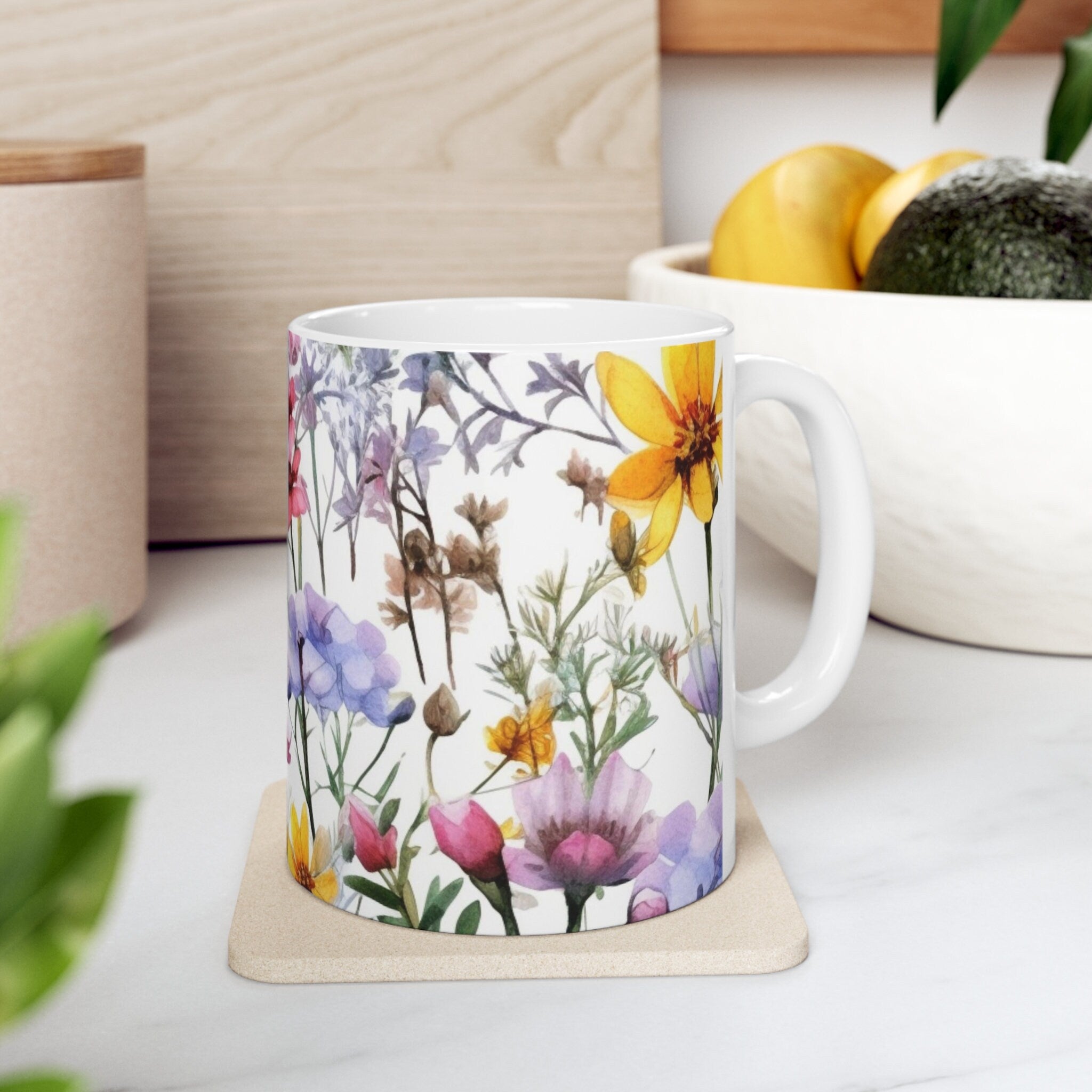 Beautiful Watercolor Flower design White Ceramic Mug 11oz Perfect Gift