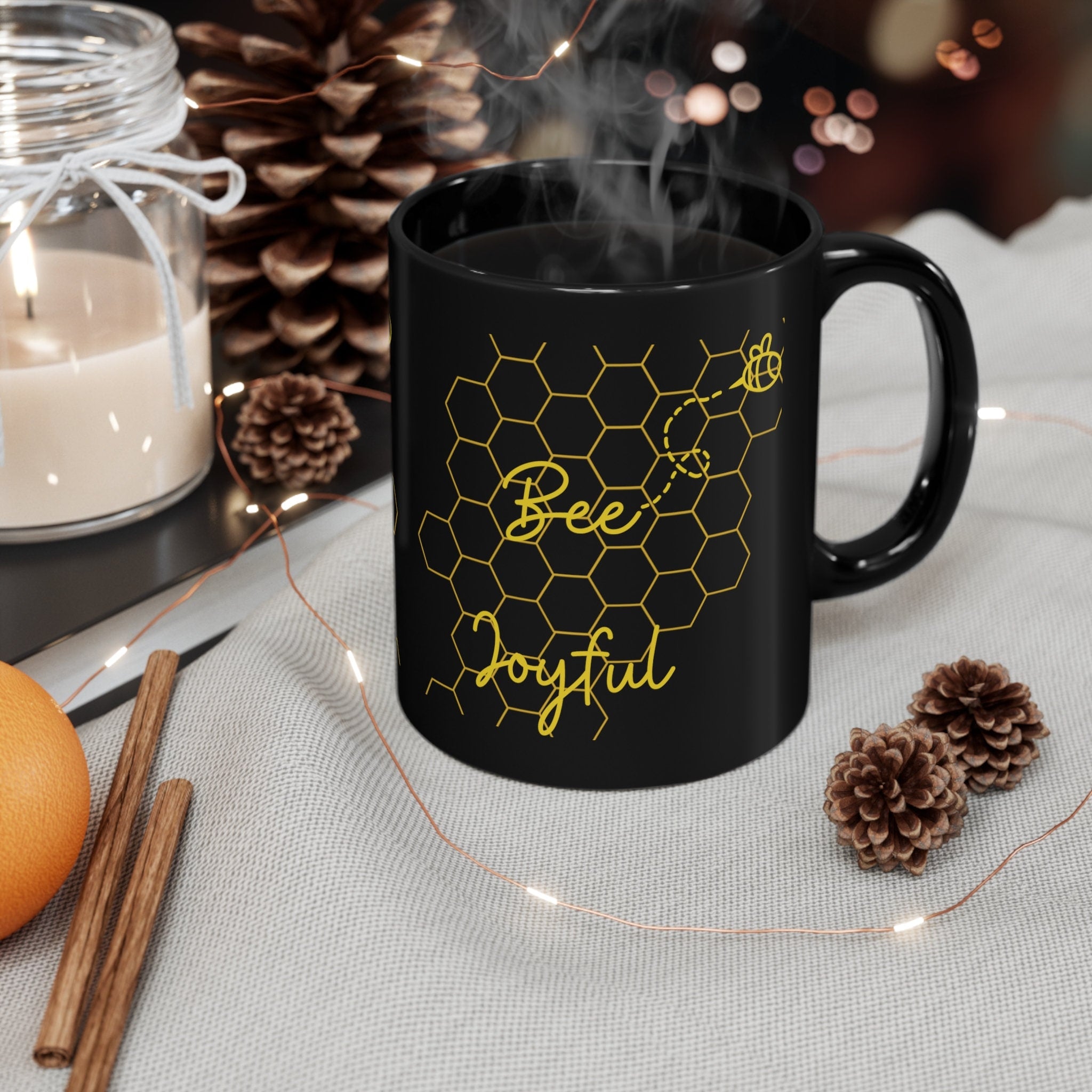 Bee Joyful 11oz Black Mug Encouraging Empowering Supportive Uplifting