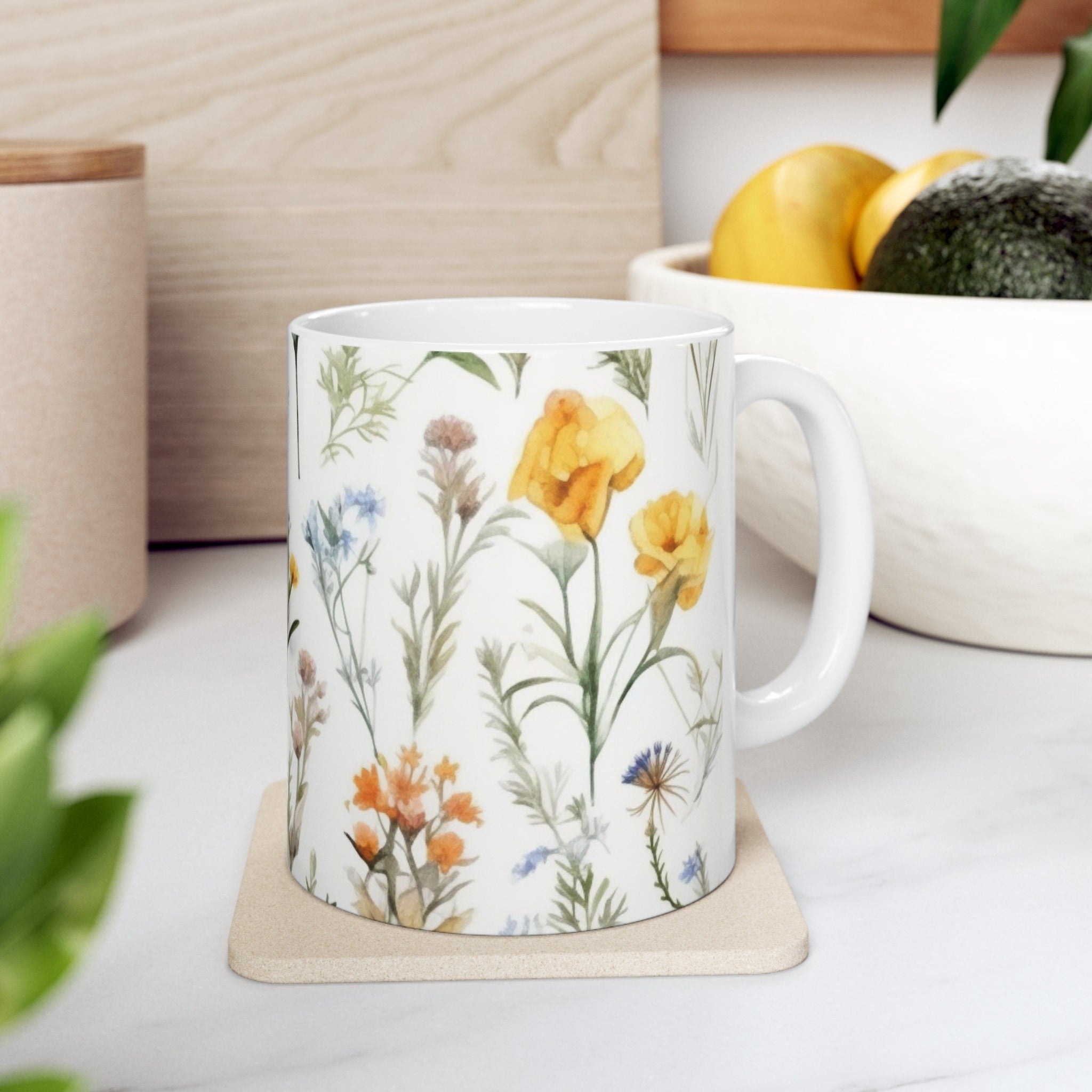 Beautiful Watercolor Flower Wraparound Design White Ceramic Mug 11oz, Perfect Gift, Christmas Coffee Tea Beverage