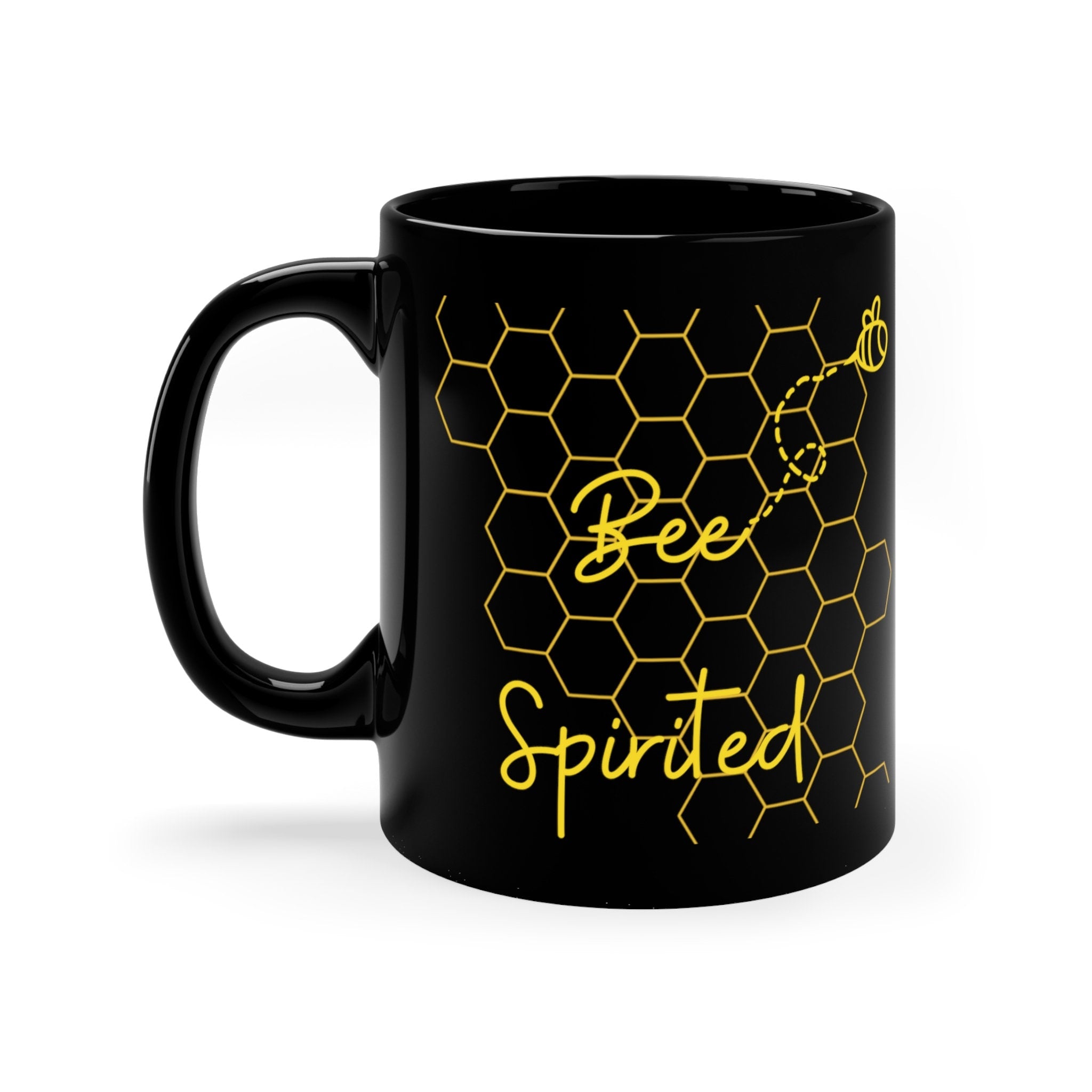 Bee Spirited 11oz Black Mug Inspirational Cup, Motivational Saying, Coffee Lover Gift