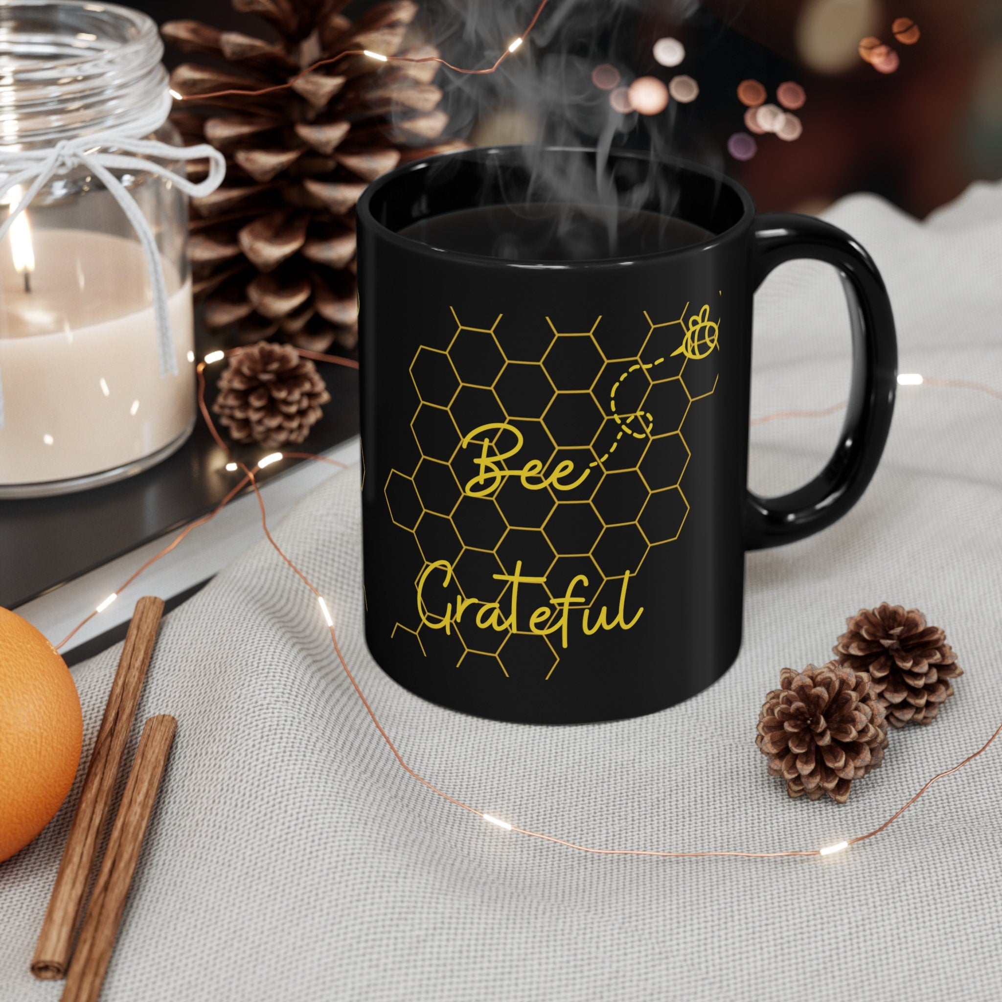 Bee Grateful 11oz Black Mug Encouraging Cup Coffee Mug Motivational Saying, Inspirational Mug
