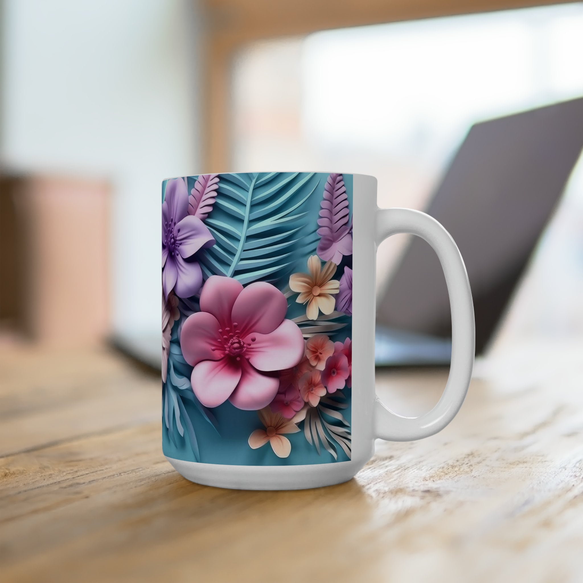 3D Artistic Beautiful Flowers on a White Ceramic Mug 15oz, Love and Friendship, Christmas Gift, Coworker Mug, Coffee Lover, Perfect Gift