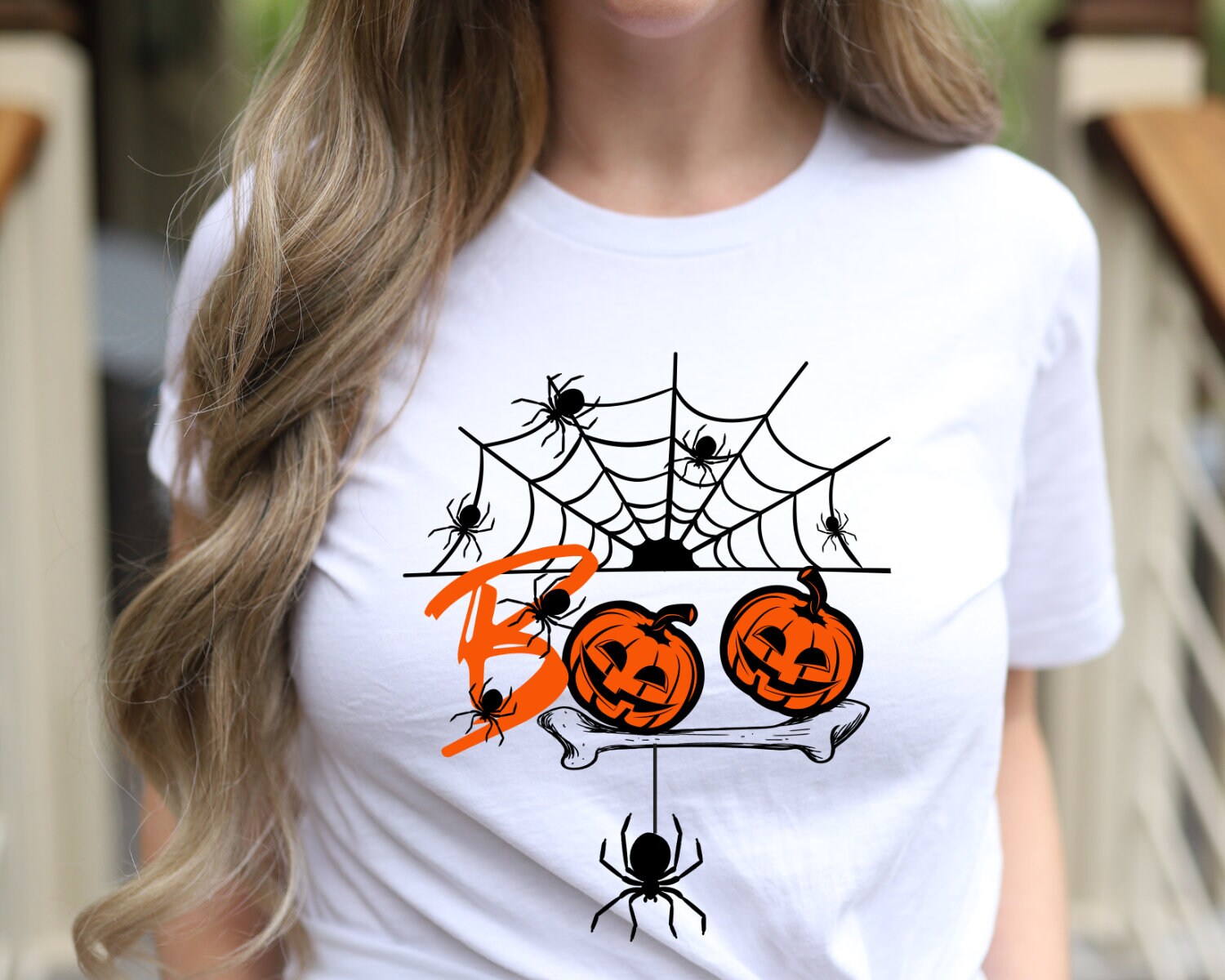 Halloween Spiderweb and Pumpkins BOO Halloween Pumpkin Spiderweb Tee, Horror Shirt, Halloween Party Gift, Sarcasm Tee, Spooky Season T Shirt