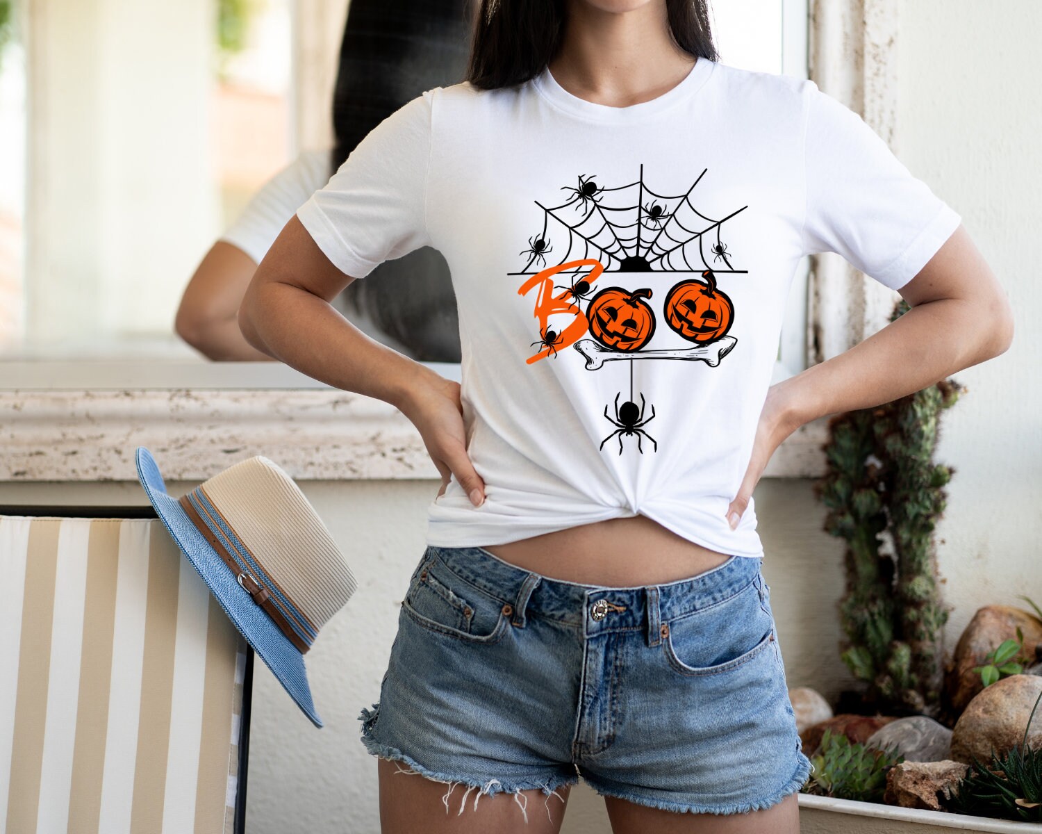 Halloween Spiderweb and Pumpkins BOO Halloween Pumpkin Spiderweb Tee, Horror Shirt, Halloween Party Gift, Sarcasm Tee, Spooky Season T Shirt