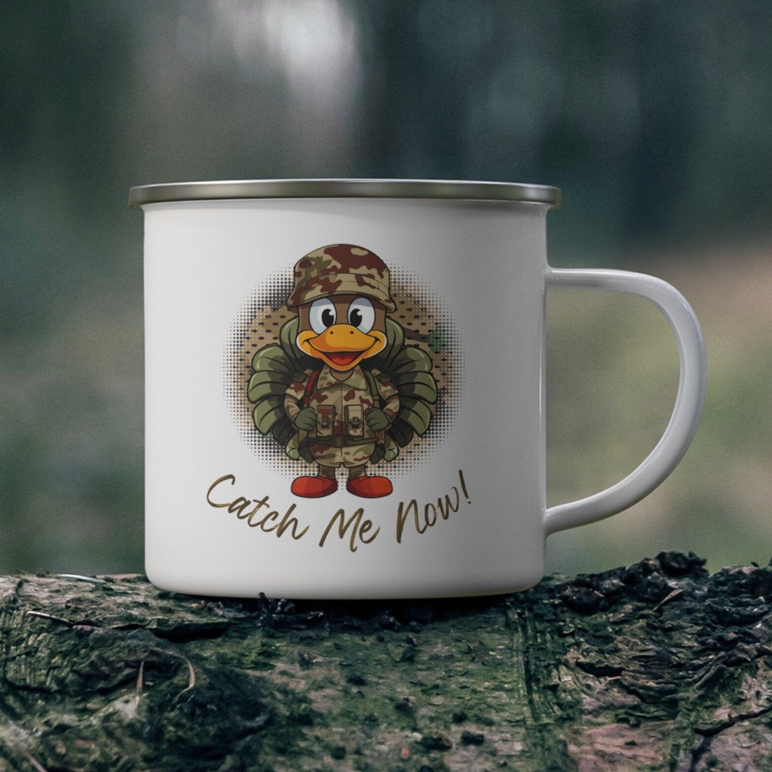 Wild Delight Enamel Mug: Camouflaged Turkey, Hunting Humor, and Outdoorsy Charm!