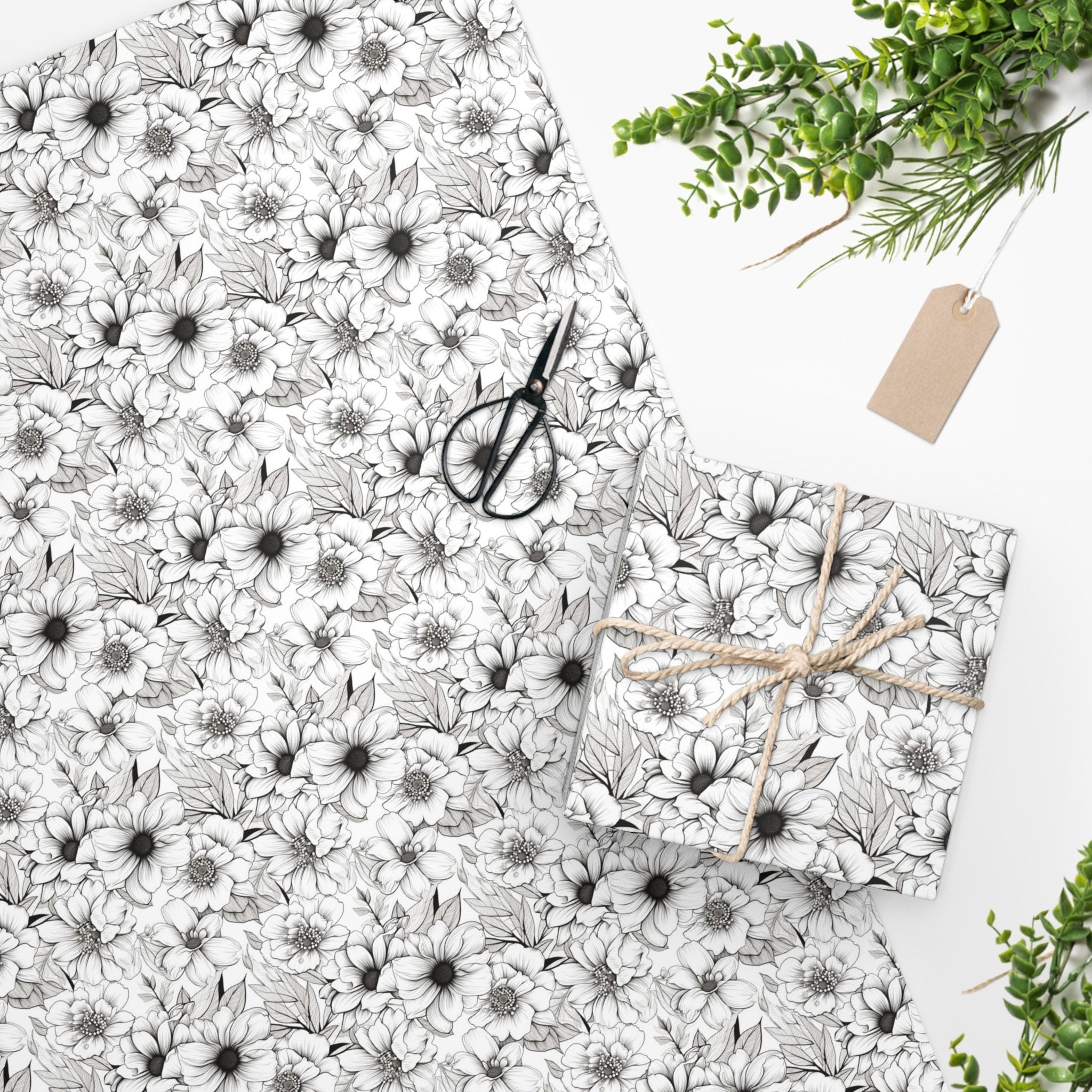 Black and White Floral Design Wrapping Paper, Wedding, Anniversary, Friendship Gifts