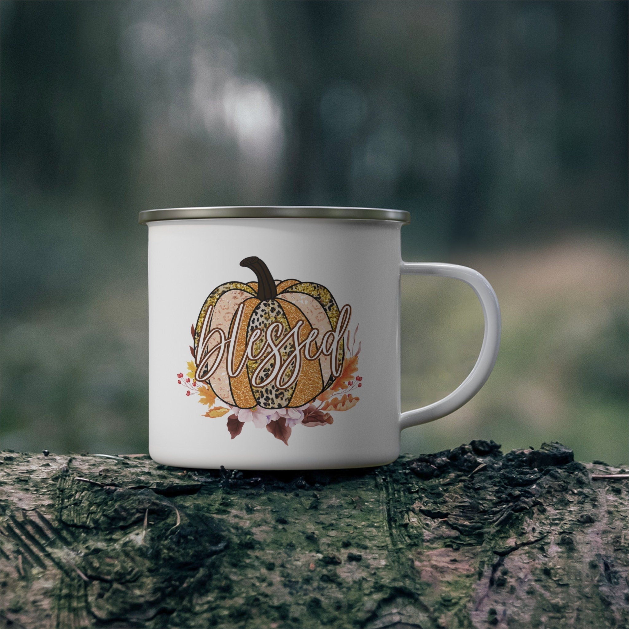 Fall Pumpkin 'Blessed' Enamel Camping Mug | 12oz Rustic Campfire Cup