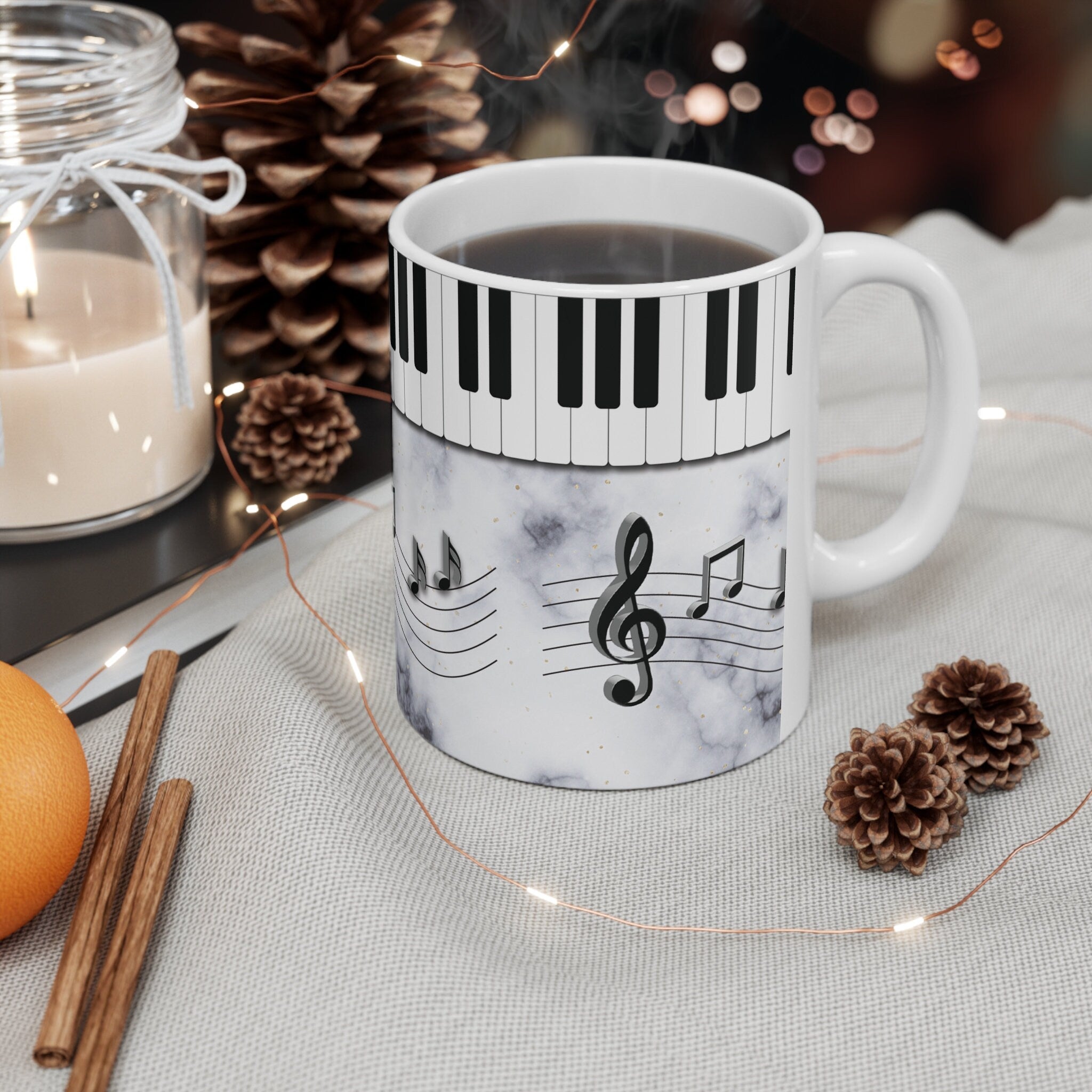11oz White Mug | Piano Keyboard Graphic | Musical Notes | Music Lover Gift | Coffee Cup