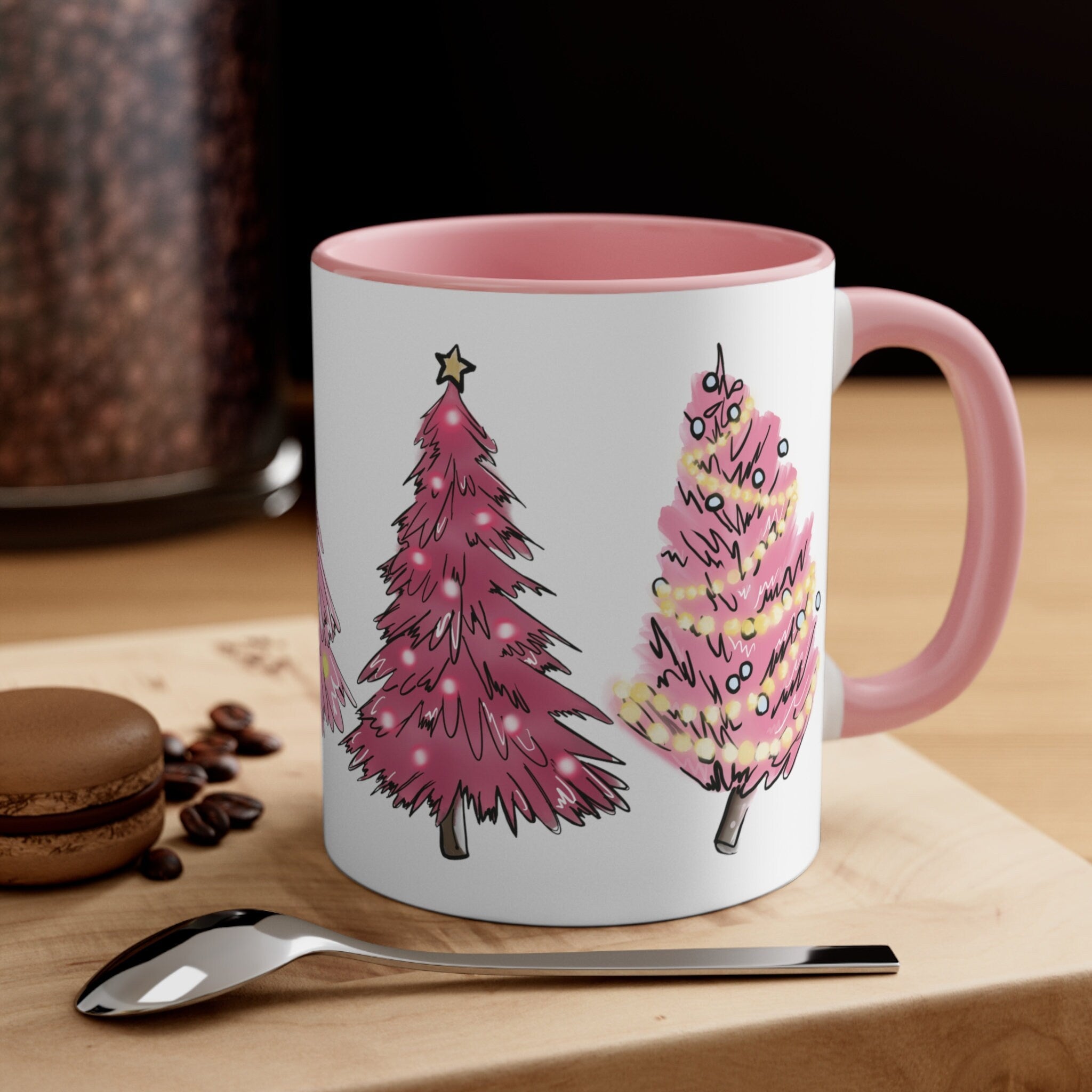 Pink Christmas Trees Coffee Mug 11oz | White Exterior | Festive Holiday Cup | Unique Christmas Gift