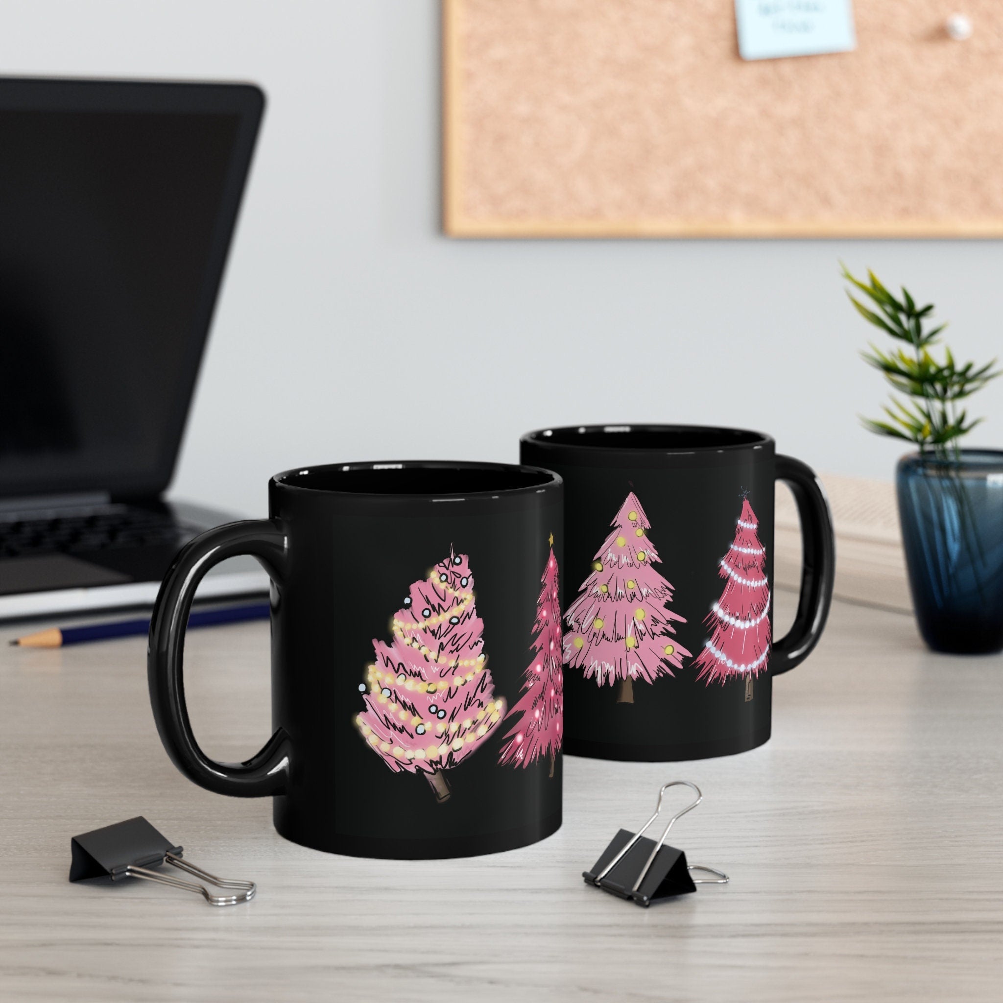 Pink Christmas Trees Coffee Mug 11oz | Black Exterior | Festive Holiday Cup | Unique Christmas Gift