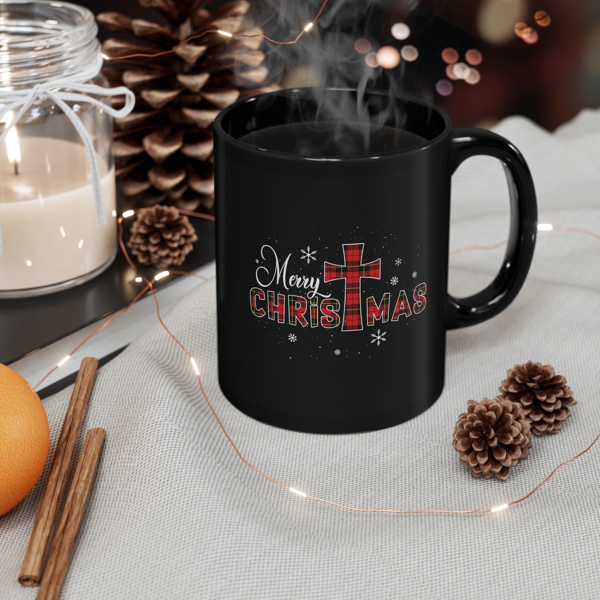 11oz Plaid Christmas Cross Mug | Merry ChrisTmas | Festive Script Font | Black Ceramic Christian Coffee Cup