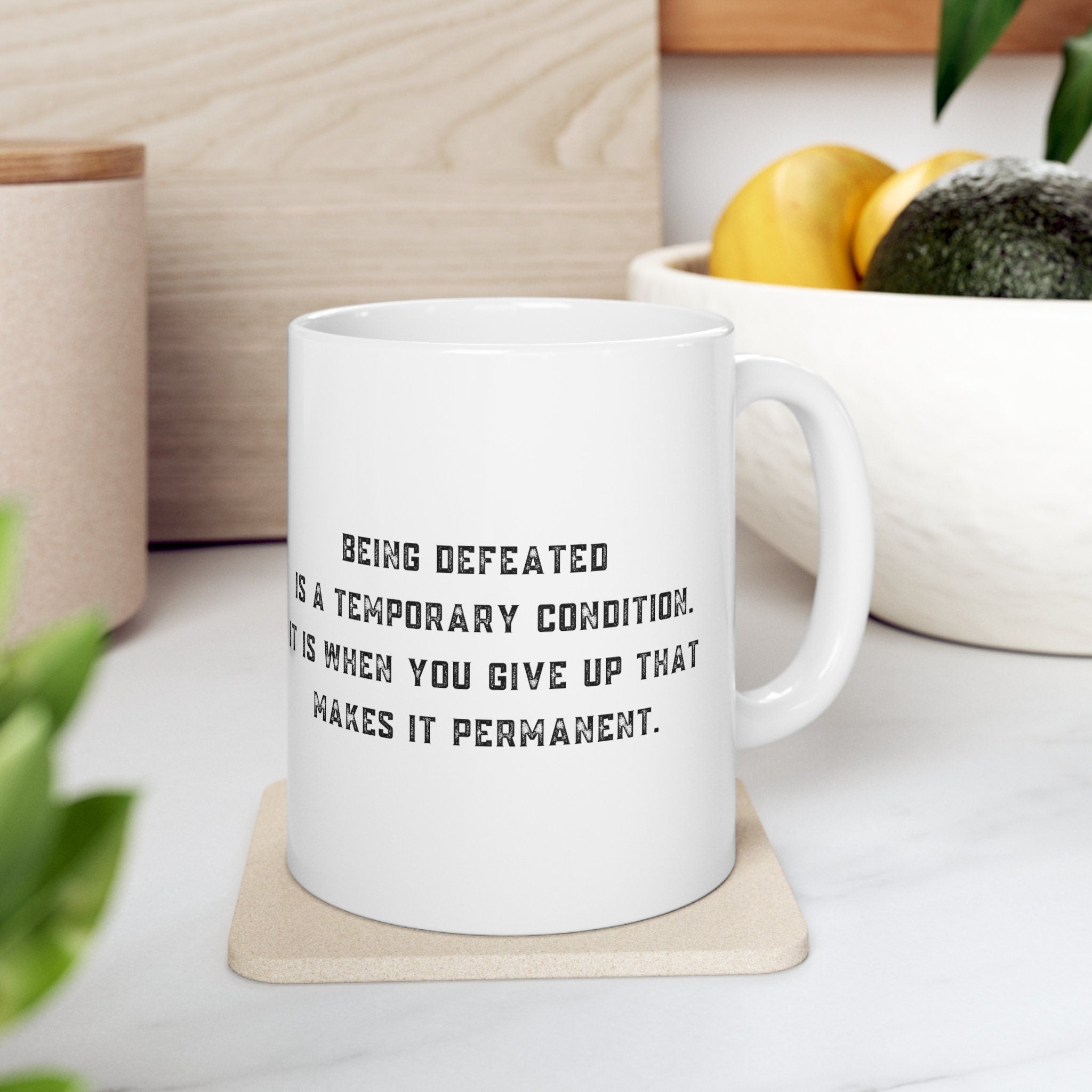 Never Quit 11oz White Coffee Mug Inspirational Quote with Distressed Font